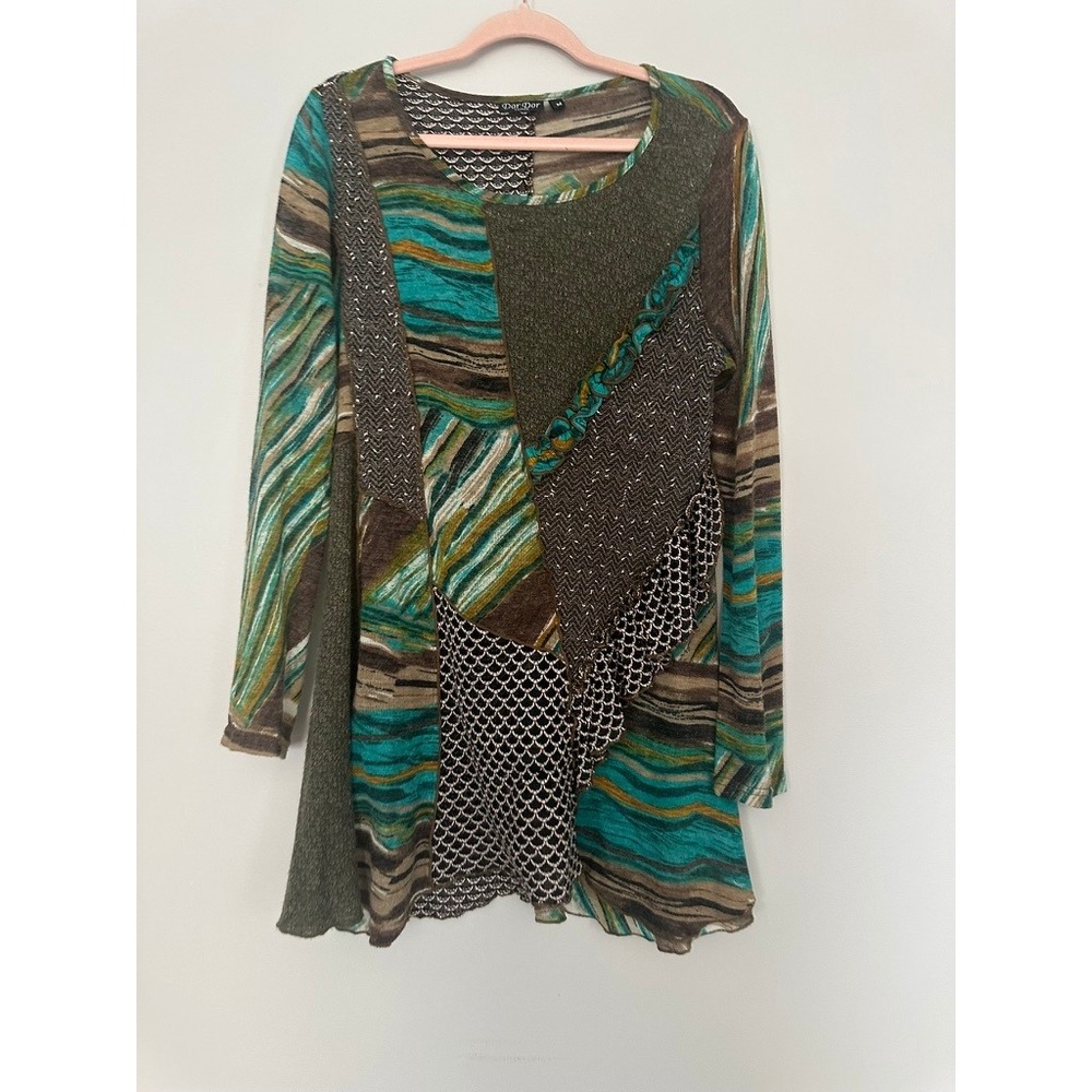 Dor Dor Couture Womens Patchwork Tunic Top Teal Brown Mixed Media Long Sleeve M